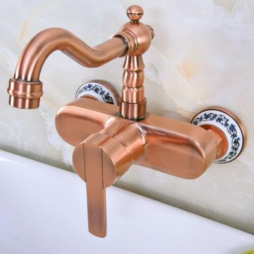 Antique Red Copper Brass Wall Mounted Bathroom Kitchen Sink Faucet Swivel Spout Mixer Tap Single Handle Lever anf940