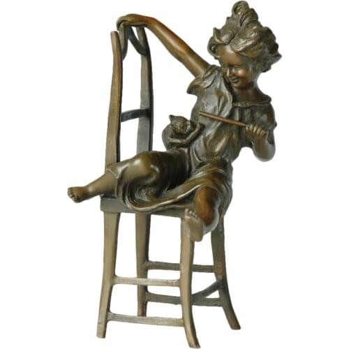 Bronze Little Girl Play with Cat Statue Sculpture Western Modern Art Home Girl Room Decor Accessories