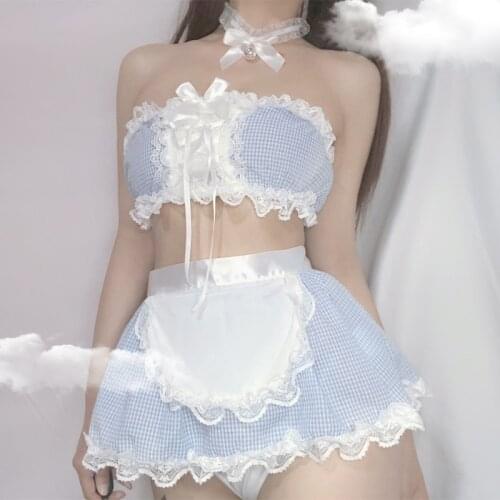 Girl Bra Top Vest Lace Kawaii Uniform Temptation Set Sexy Underwear Sexy Lovely Maid Skirt Blue Plaid Nightdress Sexy Costume