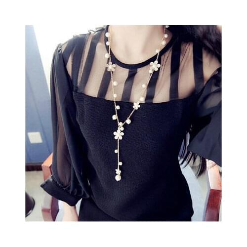 New fashion Long imitation pearl tassel five-leaf flower sweater chain For Women girl Accessories jewelry wholesale