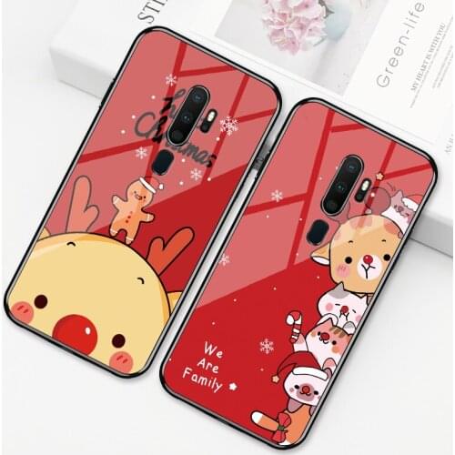For OPPO R19 R17 R15 Pro R11 R9 Plus Case Red Christmas Elk Hard Tempered glass Cover For oppo r15x r9s r11s plus R15 funda
