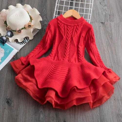 Girls Christmas Dress Kids Princess Winter Long Sleeve Thick Warm Knitted Sweater Dresses Children New Year Red Costume