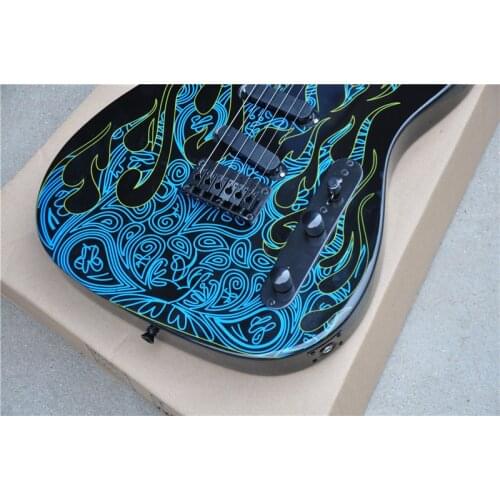 Free shipping custom 6 string guitar,blue fire pattern body,SSS pickups,fixed bridge,maple neck,basswood body,black button