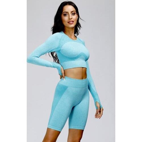Seamless Yoga Set Workout Clothing Women Sportswear Long Sleeve Crop Top T-Shirt High Waist Gym Shorts 2 Pcs Sports Suits