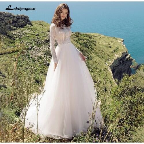 Boho Lace O-Neck Long Sleeves Wedding Dress Vestido De Noiva 2021 Long Robe De Soiree Tulle Beach Bridal Gown Vestidos De Fiesta