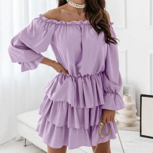 Summer Slash Neck Solid Mini Waist Tight Dresses Female Off Shoulder Long Sleeve Ruffle Hem Tunic Cake Dress for Women 2021