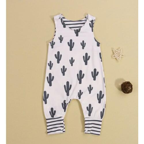 Newborn Baby Summer Romper Cotton Casual Sleeveless Cactus Print U-shaped Neck Playsuit (White) Toddler Kids Jumpsuits