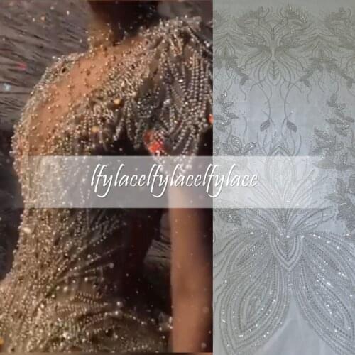 LFY New Silver Heavy Bead Luxury Top African Party Evening Bridal Gown Dress Lace Fabric Embroidery Lace Fabric Sliver White