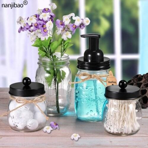 4Pcs Mason Jar Bathroom Accessories Set Foaming Hand Soap Dispenser Soap Dispenser Toothbrush Holder Cotton Swab Jar Decoration