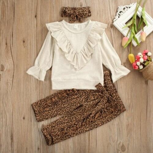 New Fashion Autumn Kid Baby Girls Clothes Sets Solid Long Sleeve Ruffle Tops Sweatshirt+Leopard Print Pants Headband 3pcs Outfit