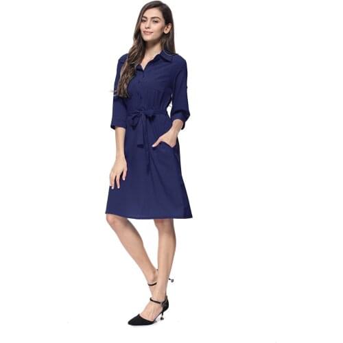 YYCZF New Women Pure Shirt Dress Female Offlce Lady Five Quater Sleeve Turn-Down Collar Belt Dresses Streetwear Womens Clothing