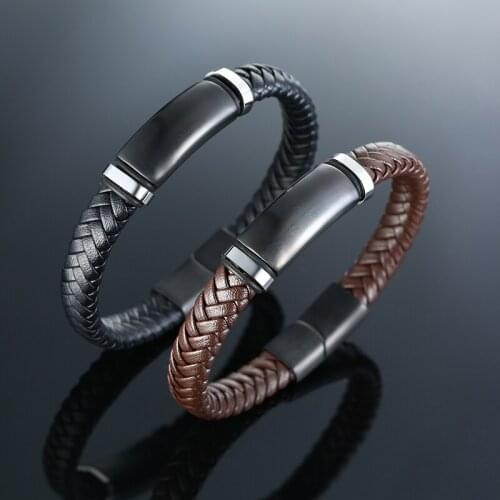 New Luxury Genuine Leather Engraved Braided Bracelet Stainless Steel Men Bracelets Woven Bracelet For Men Birthday Accessories
