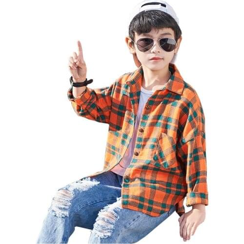 Childrens clothing boys letter print plaid cotton shirt new spring/autumn big childrens long-sleeved shirt 4-12 years old