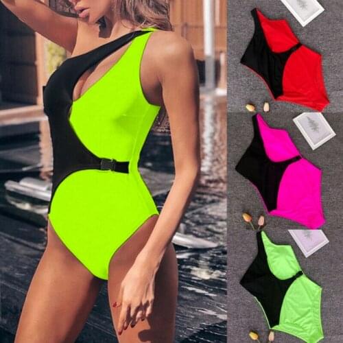 Sexy One Shoulder Womens Swimsuit Patchwork Padded Bikini Monokini Swimwear Ladies Irregular Swimsuit Bathing Suit Beachwear
