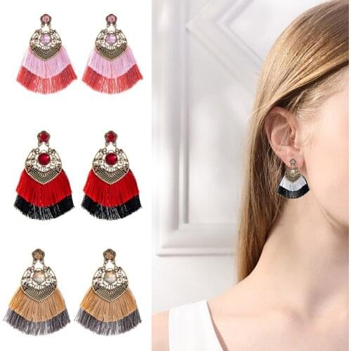 Womens Earrings Alloy Diamond Glass Diamond Double Tassel Earrings Trendy Women Retro Bohemian Ethnic Style
