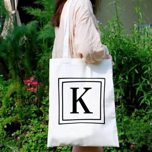 Letter A B C D E F Canvas Tote Bag Reusable Women Shopping 2021Girl Tote Eco Flower Shopper Shoulder Bags Reusable Cute