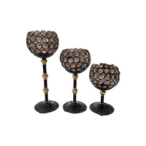 Krm 3 'lü Stone Detail Gold and Black Candlestick