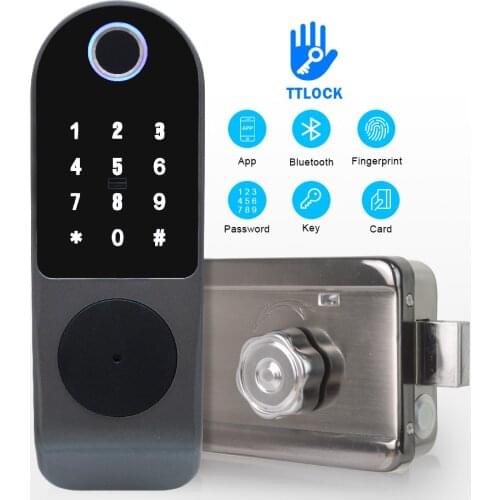 Waterproof TTlock BLE WiFi App Electric Rim Door Lock Intelligent Biometric Fingerprint NFC Smart Lock for outdoor Gate door