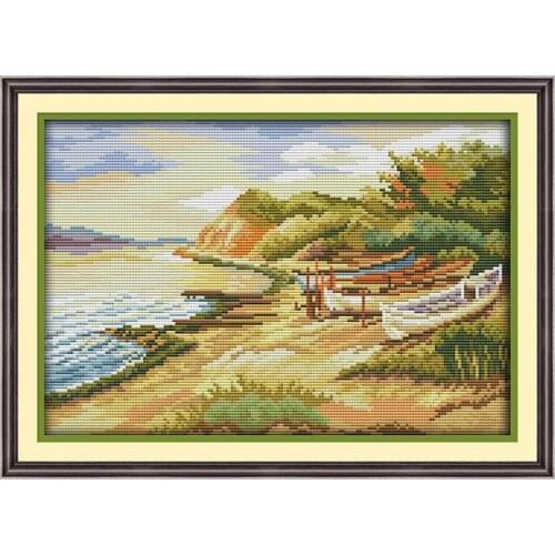 The seaside scenery Cross Stitch DMC Chinese embroidery kit, 11CT 14CT Printed Fabric, DIY Handmade Needlework Art Home Decor