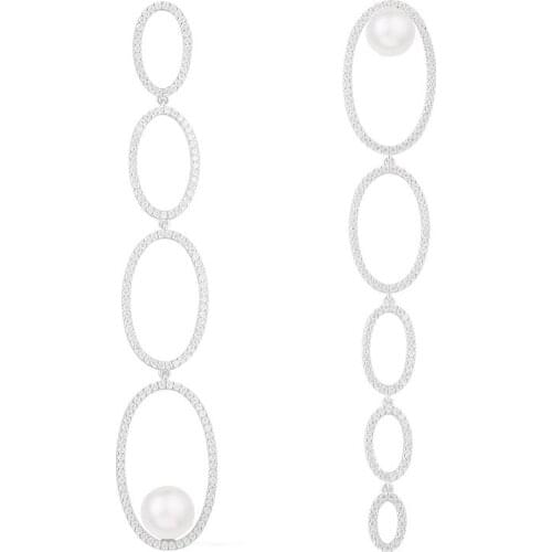 SLJELY Luxury Pure 925 Sterling Silver Paved Zircon Stones Asymmetric Multi Circles Pearl Long Drop Earrings for Women Jewelry
