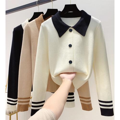 2021 Spring Autumn Round Neck Slim Contrast Single-breasted Thin Fashion Sweet Long-sleeved Women Knit Pullover Sweater Y161