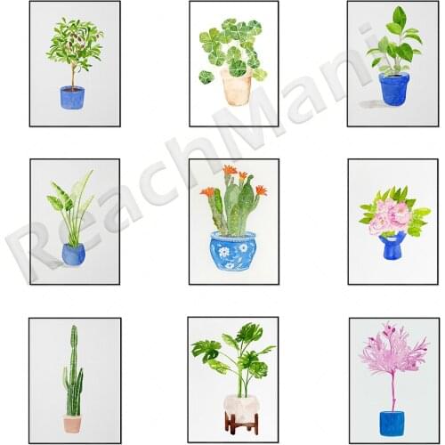 Potted plant watercolor painting, watercolor cactus, olive tree watercolor plant wall art, pot blue watercolor tropical wall dec