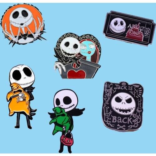 Classic Cartoon Jack and Sally Halloween Enamel Brooch Pins Badge Lapel Pins Alloy Metal Fashion Jewelry Accessories Gifts