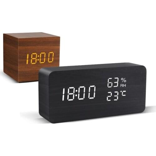 LED Alarm Clock Wooden Watch Table Voice Control Digital Smart Despertador Powered Electronic Desktop Decor Clocks USB/AAA