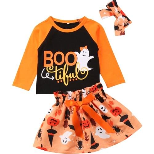 Emmababy Autumn Girls Clothes Halloween 3PCs Outfits Set Kids Long Roglan Sleeve T Shirt Print Pumpkin Skirt Clothes