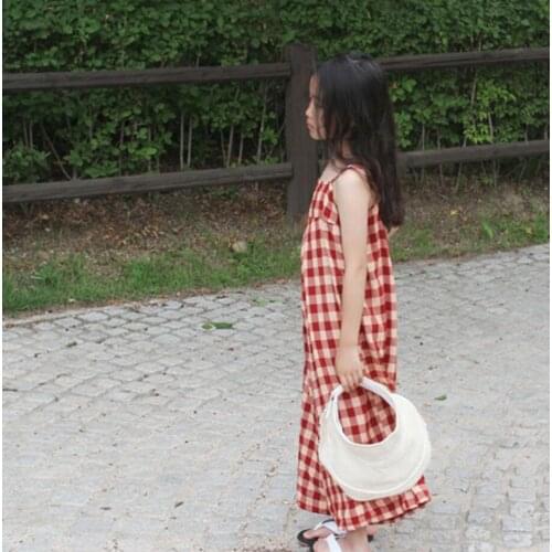 2021 Korea style girls plaid dress fashion cotton linen summer girls dresses