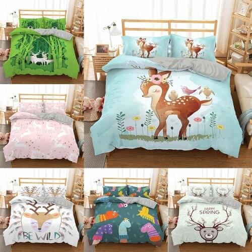Happy Spring Cartoon Print Deer Kids Bed Cover Set Duvet Quilt Adults Kawaii Bedding Set with Pillowcases Comforter Bed Linens