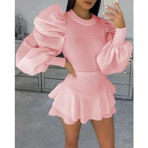 Fashion Long Puff Sleeve Sweater Patchwork Shirts Ribbed Knitted Elegant Slim Stretch Tops Office Lady Elegant Tops