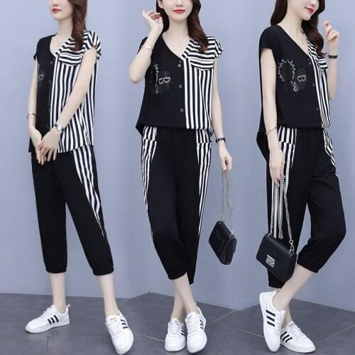 Fashion Suit Womens Leisure Korean Striped Top&pants Set Ensemble Femme Deux Pieces Summer Costumes For Women Trousers Suit Set