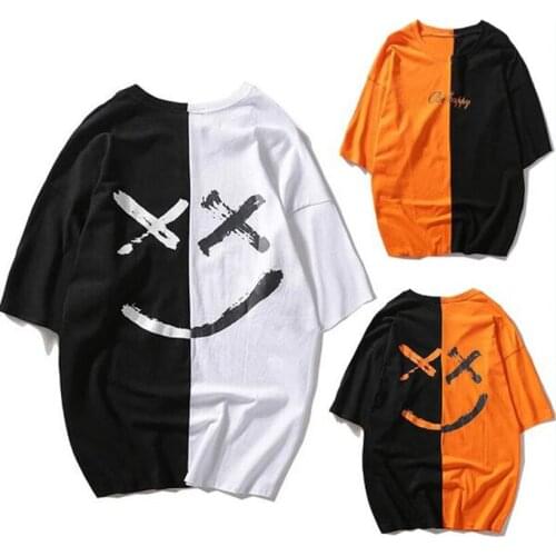 2021 New Smiley Face Print Mens And Womens Short-sleeved T-shirt Loose Harajuku Couple Color Contrast Stitching Cotton Tshirt