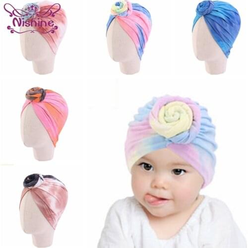 Nishine National Style Tie-dyed Toddler Turban Caps Handmade Knotted Infant Indian Hats Cute Donut Headwear Photography Props