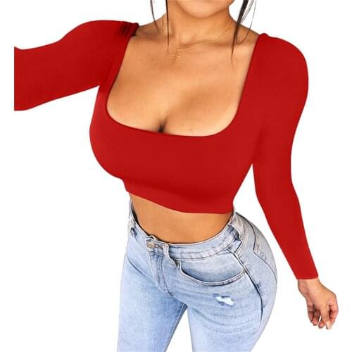 2021 New Sexy Short Womens Casual Square Neck Long-sleeved Bottoming Shirt Nightclub Trend Tight T-shirt Top
