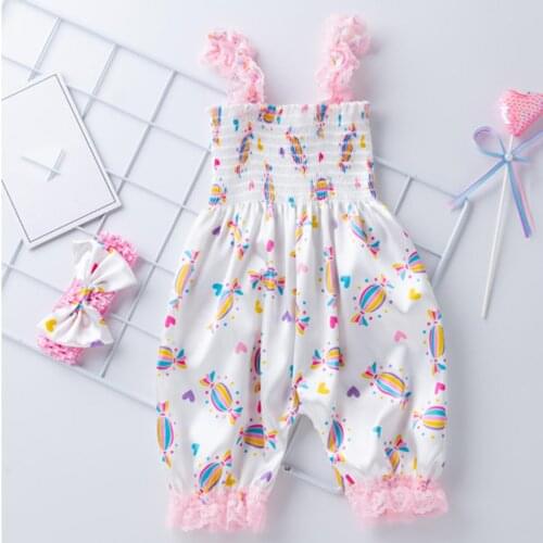 New Summer Baby Clothing Newborn Infant Baby Girls Casual Lace Sling bloomers Loose Comfortable Jumpsuit+Headband Ropa de bebé