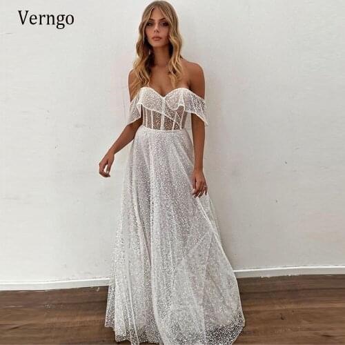 Verngo Sparkling A Line 2021 Wedding Dress Off the Shoulder Short Sleeves Sexy Bridal Gowns Floor Length Long robe de mariee