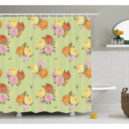 Shabby Chic Shower Curtain Flower Bouquets Vintage Roses on Dotted Background Print Art Bathroom Waterproof Curtains