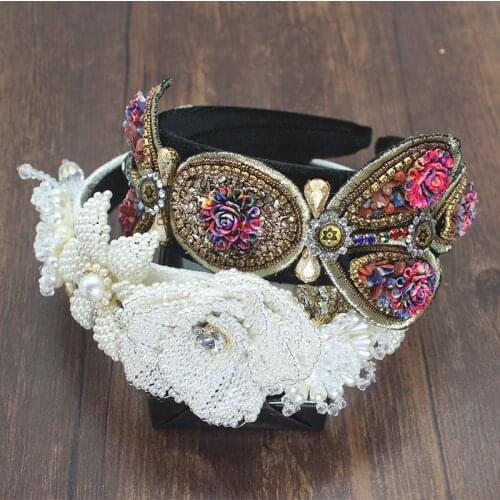 Handmade White Small Pearl Luxury Baroque Tiara Headbands Women Big Flower Crystal Rhinestone Hairband Crown Bohemia Headwear