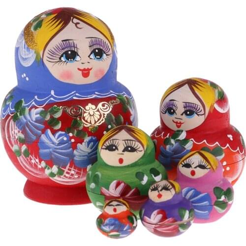Hand Painted Chromatic Beautiful Flower Girl Printed Wooden Russian Nesting Doll Matryoshka Doll Ornaments Set of 10 Pieces Toy