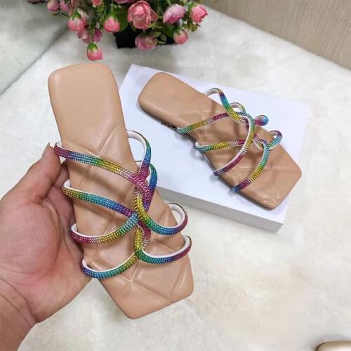 Womens Rainbow Crystal Slippers 2021 New Summer Women Casual Flats Fashion Beach Shoes Female Gladiator Cross-strap Slides