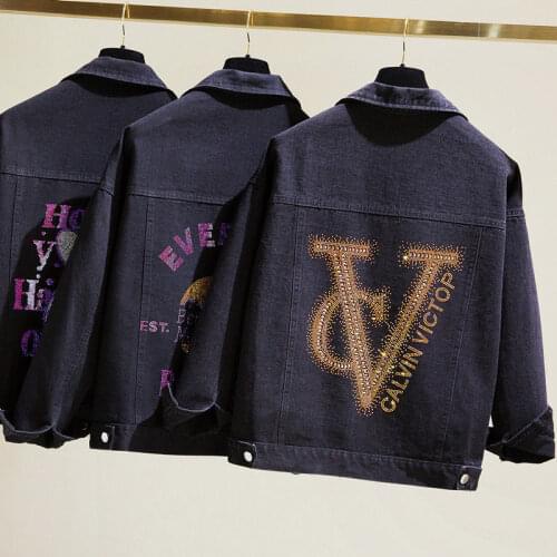 Black Denim Jacket Womens Short Basic Coat Plus Size 5XL Loose Diamond Letter Long Sleeve Jeans Jackets Casual Women Streetwear