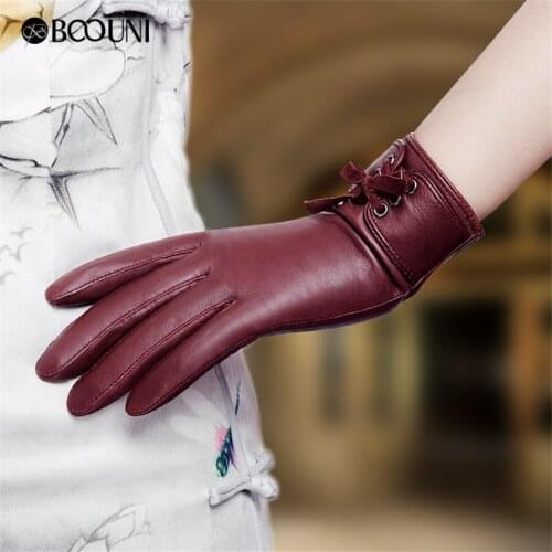 Women Fashion Genuine Leather Gloves Autumn Winter Plus Velvet Fashion Slim Hand Warm High Quality Sheepskin Gloves NW725-5