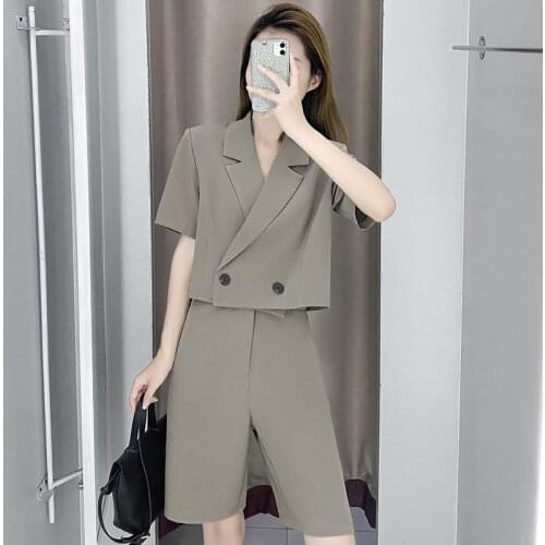 Summer Short Sleeve Suit 2 Pieces Casual Blazer Shorts Solid Office Lady Single Button Coat Elegant Fashion Women Outfit