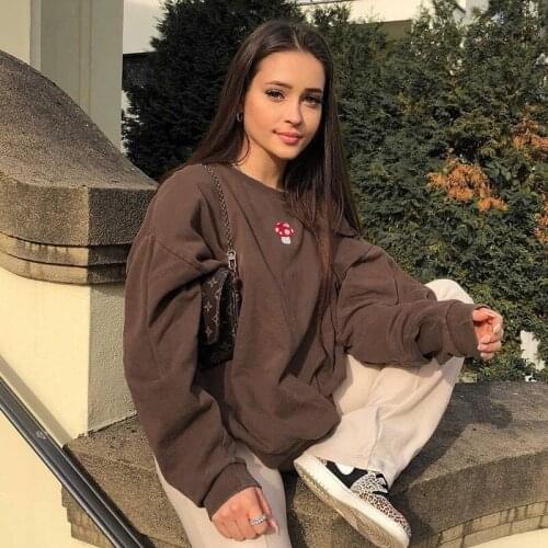 Y2K Women Sweatshirts Streetwear 2021 Embroidery Mushroom Indie Aesthetic E Girls 90s Long Sleeve Hoodies Graphic Crewneck Tops
