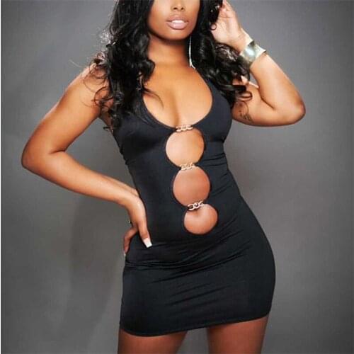 Women Sexy Hollow Out Bodycon Dress Black Halter Neck Backless Off-the-shoulder Nightclub Party Mini Dress S/ M/ L