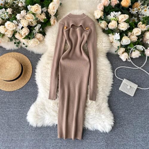 Sexy Hollow Knitted Dress Women Korean Long Sleeve Warm Knitwear Sweater Drees Elegant Vintage Bodycon Clubwear Dress