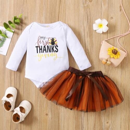 Newborn Baby Girls 2Pcs My First Thanksgiving Outfits Long Sleeve Turkey Bodysuit + Tutu Skirt Set Lovely Party Cute Outfits Set