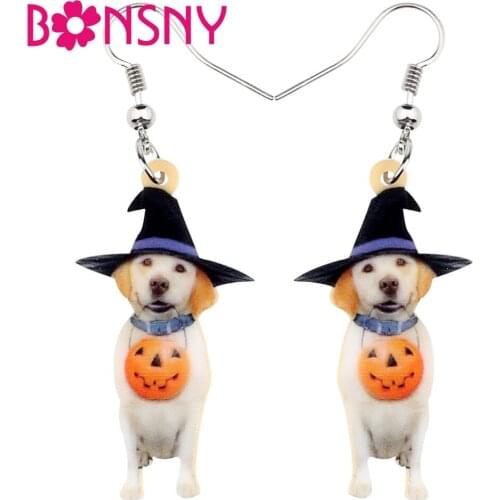 Bonsny Acrylic Halloween Sweet Pumpkin Labrador Dog Earrings Drop Dangle Fashion Animal Jewelry For Women Girl Gift Wholesale